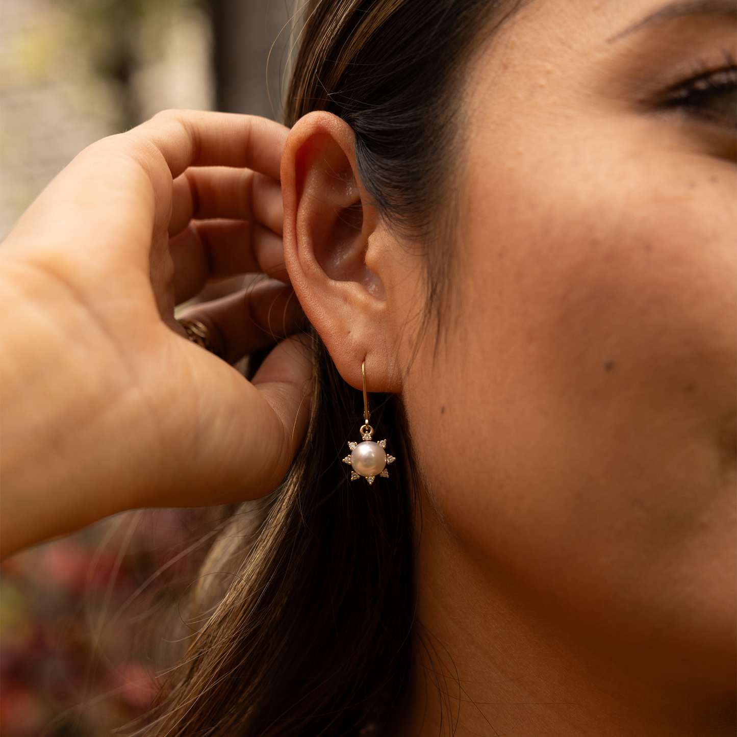 Protea Akoya White Pearl Earrings in Gold with Diamonds - 8mm
