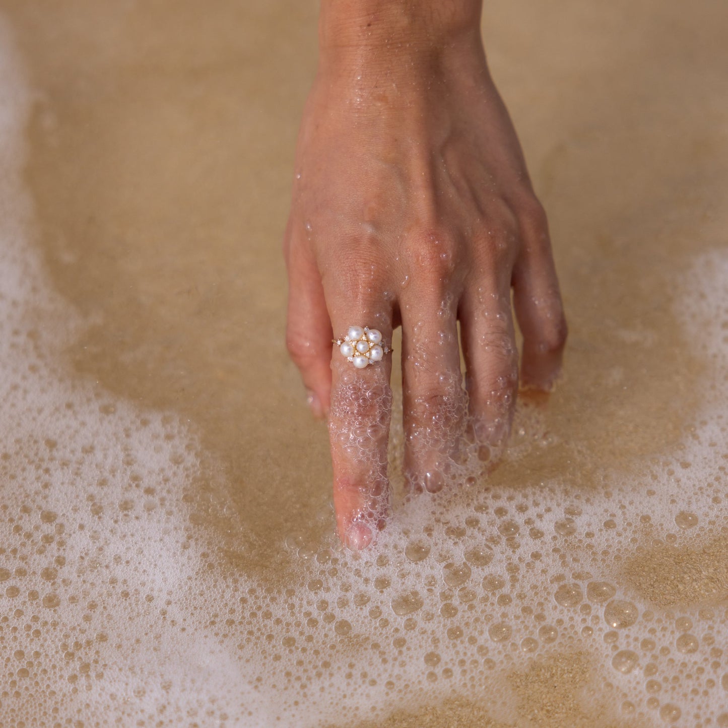 Tiny Bubbles Freshwater White Pearl Ring in Gold with Diamonds