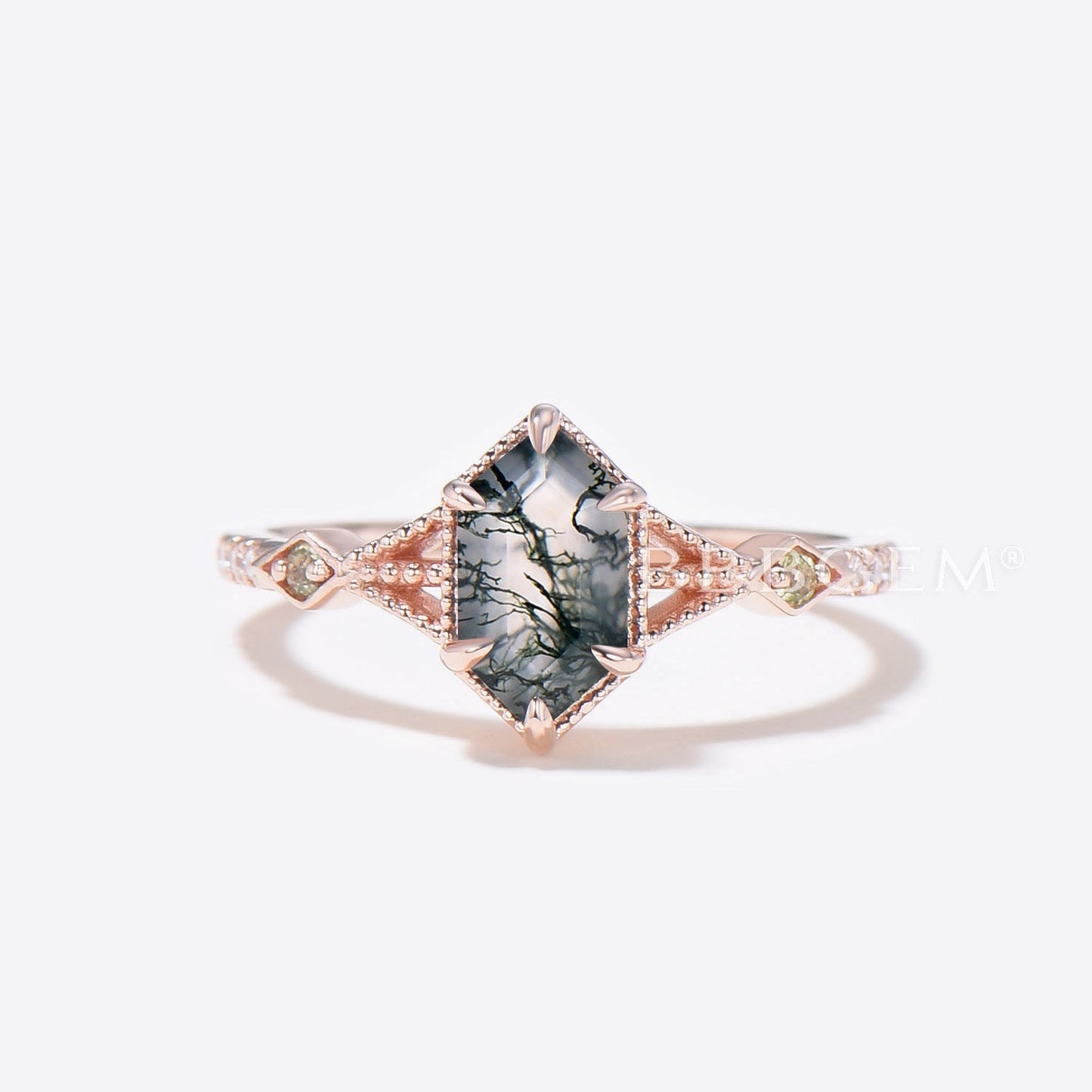 Long Hexagon Cut Moss Agate Ring Set Rose Gold 3-Stones Hexagon Moss Agate Engagement Ring