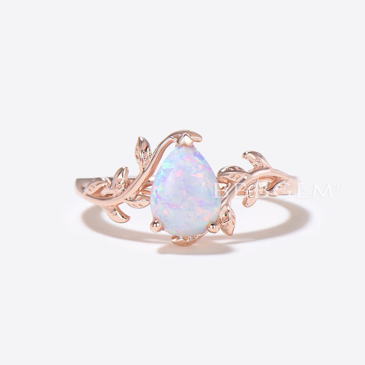 1.25ct Pear Shaped White Opal Diamond Twig Leaf Vine Engagement Ring Set