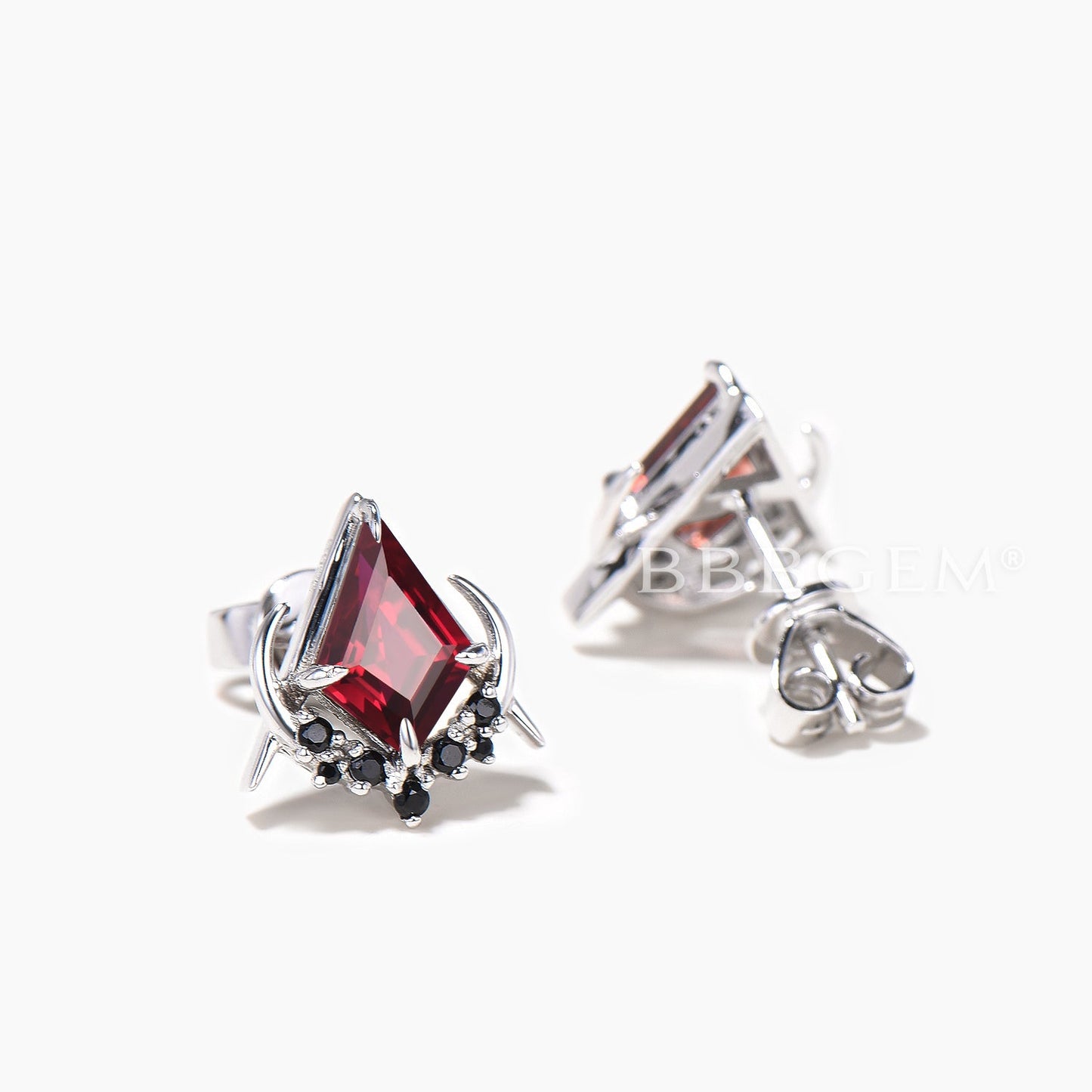 Kite Cut Natural Garnet Black Diamond Stud Earrings Moon Goithic Masonic Earrings