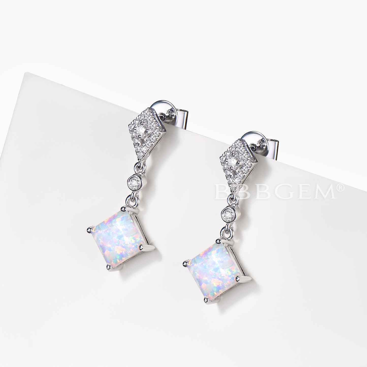 1.2CT Princess Cut White Opal Drop Earrings Round Diamond White Gold Earrings