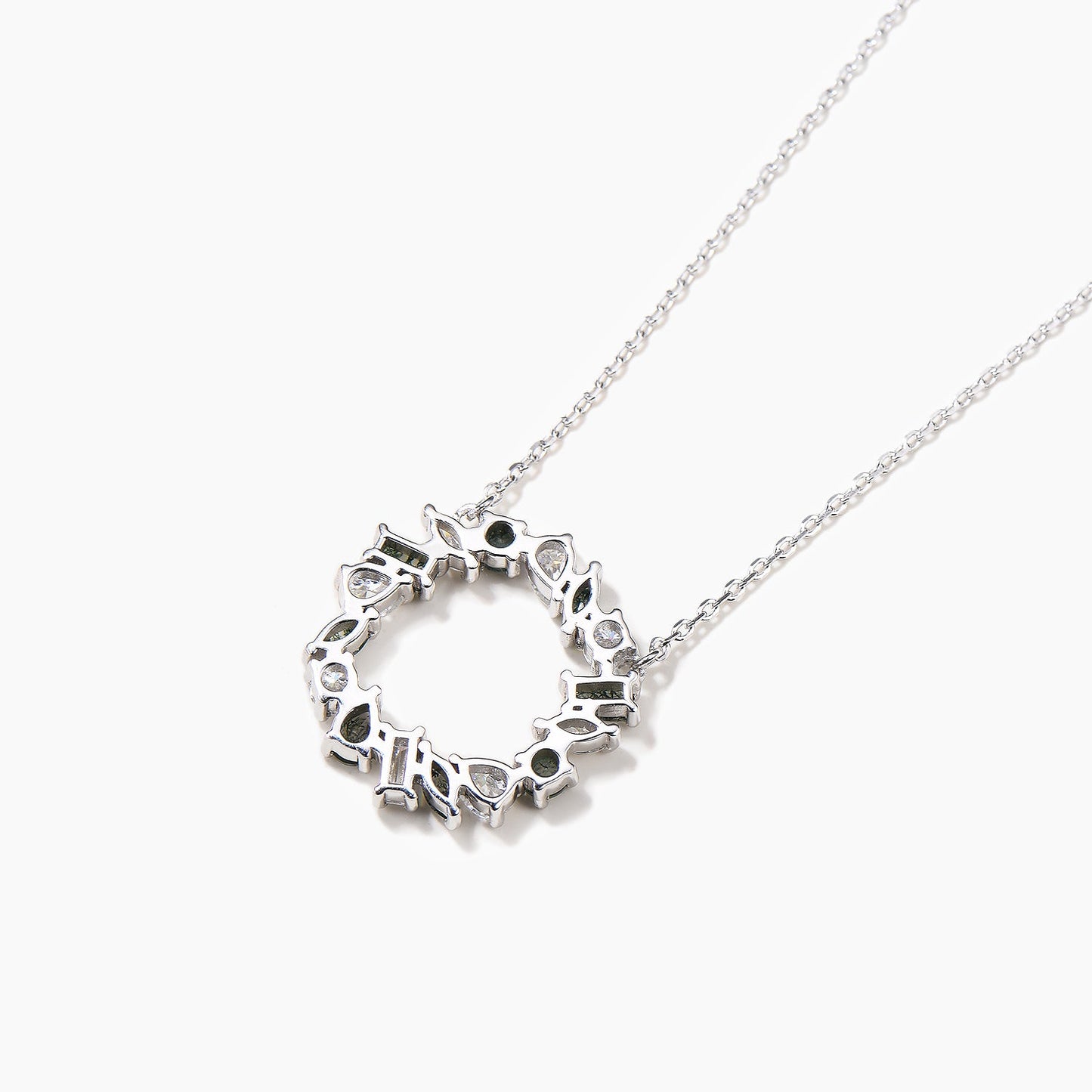 Mixed Cut Natural Moss Agate Moissanite Circle Pendant White Gold Necklace