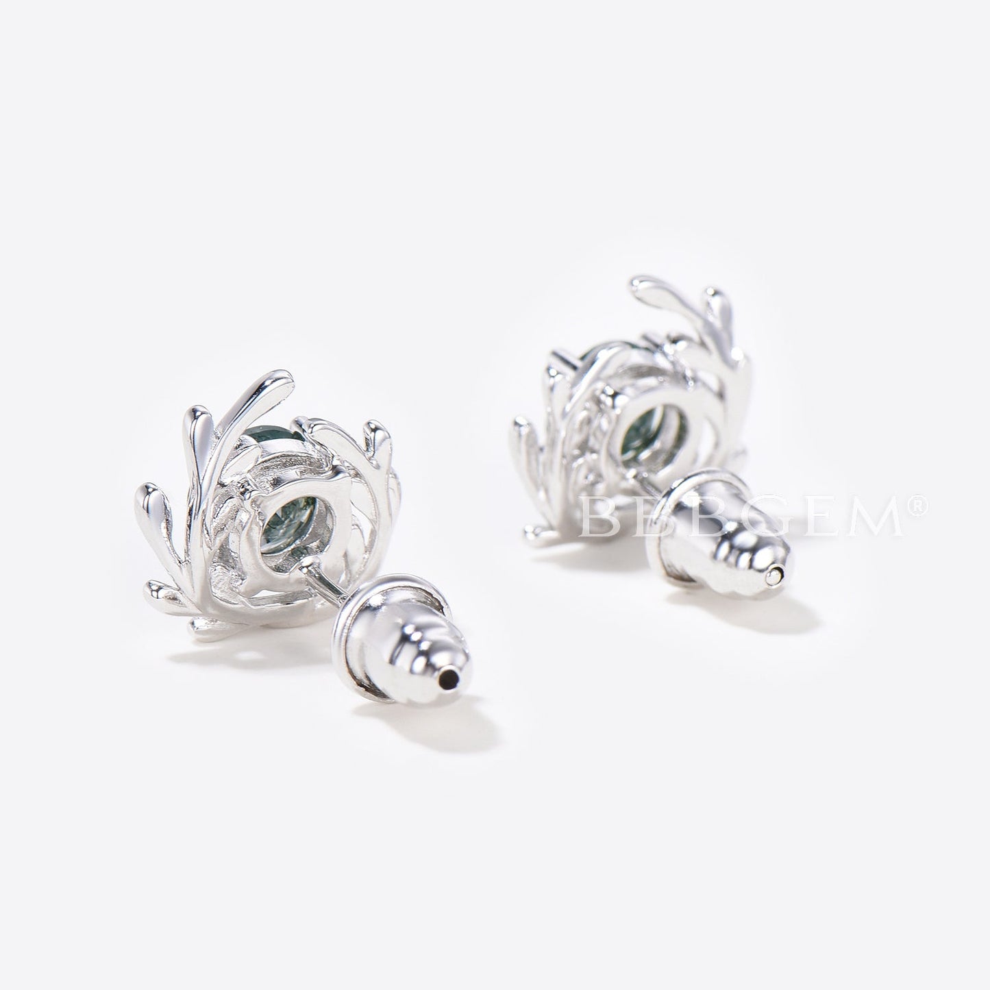 Round Natural Moss Agate Leaf Stud Earrings 14k White Gold Boho Earrings