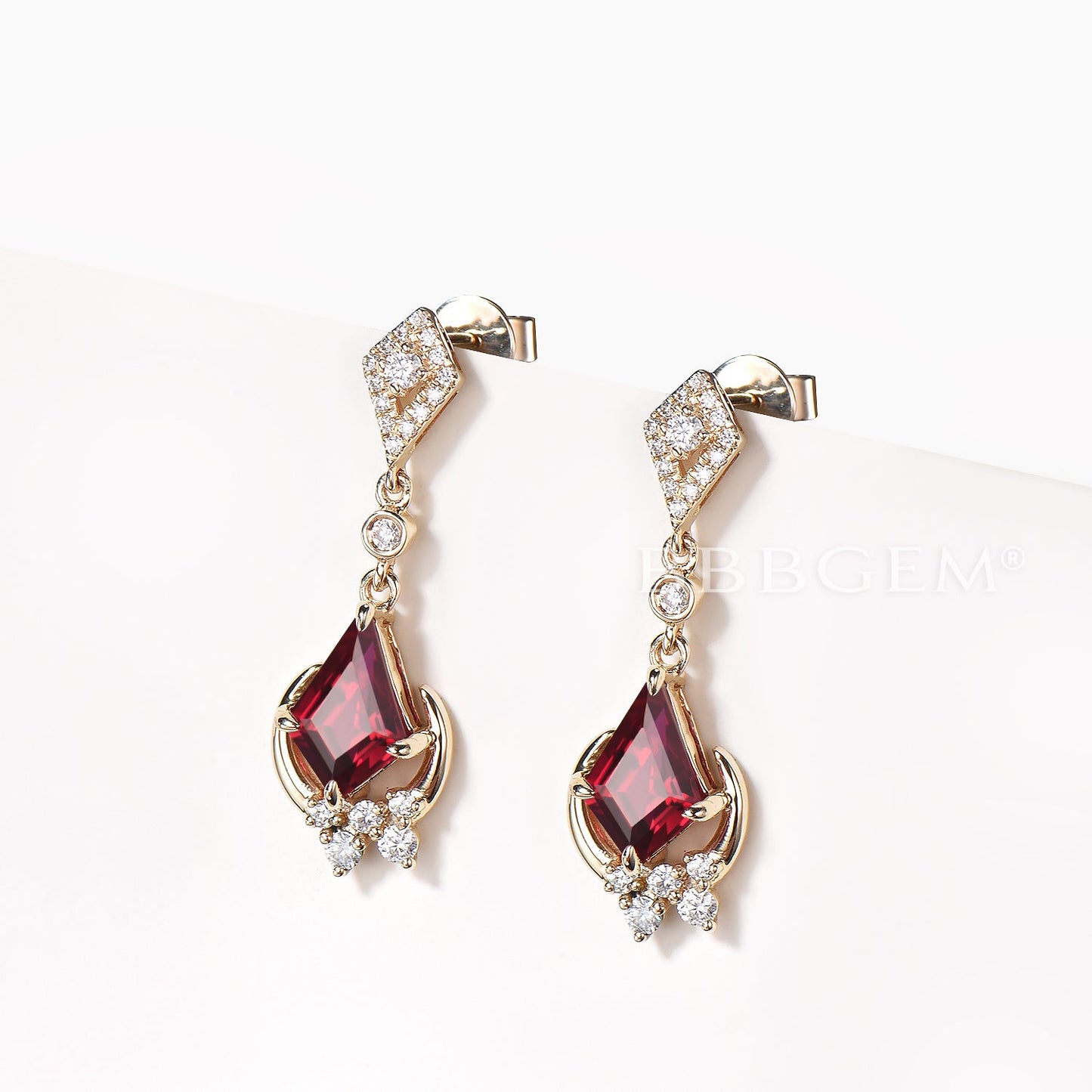 1CT Kite Cut Ruby Drop Earrings Diamond Moon Yellow Gold Celetial Earrings