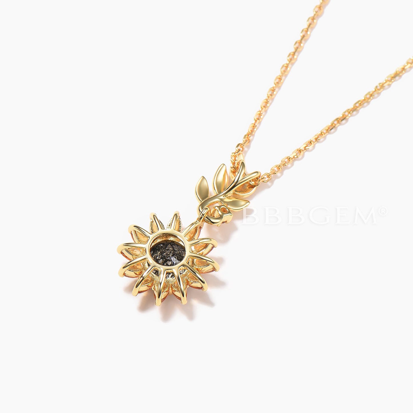 Round Cut Natural Black Rutilated Quartz Leaf Necklace Citrine Halo Sunflower Pendant