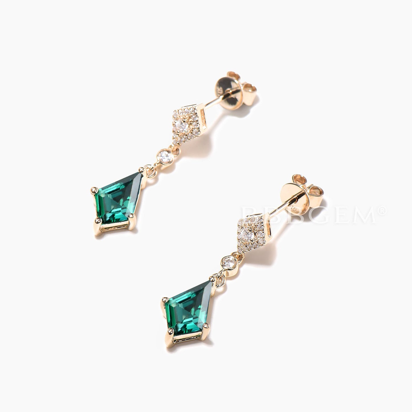 1CT Kite Cut Emerald Drop Earrings Diamond Yellow Gold Earrings