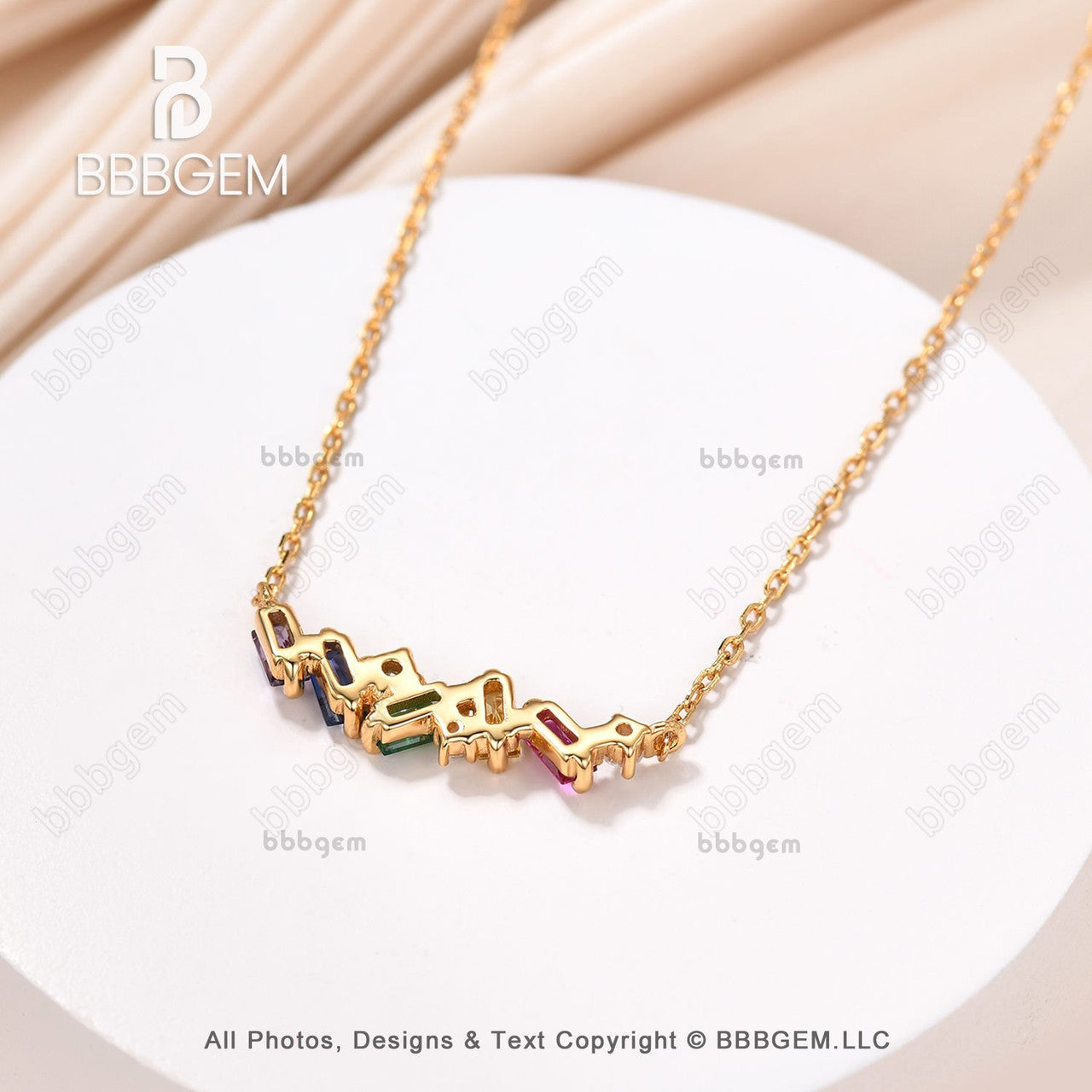 14k yellow gold baguette cut rainbow sapphire pendant necklace-Silver Necklace, Art Deco Women Necklace