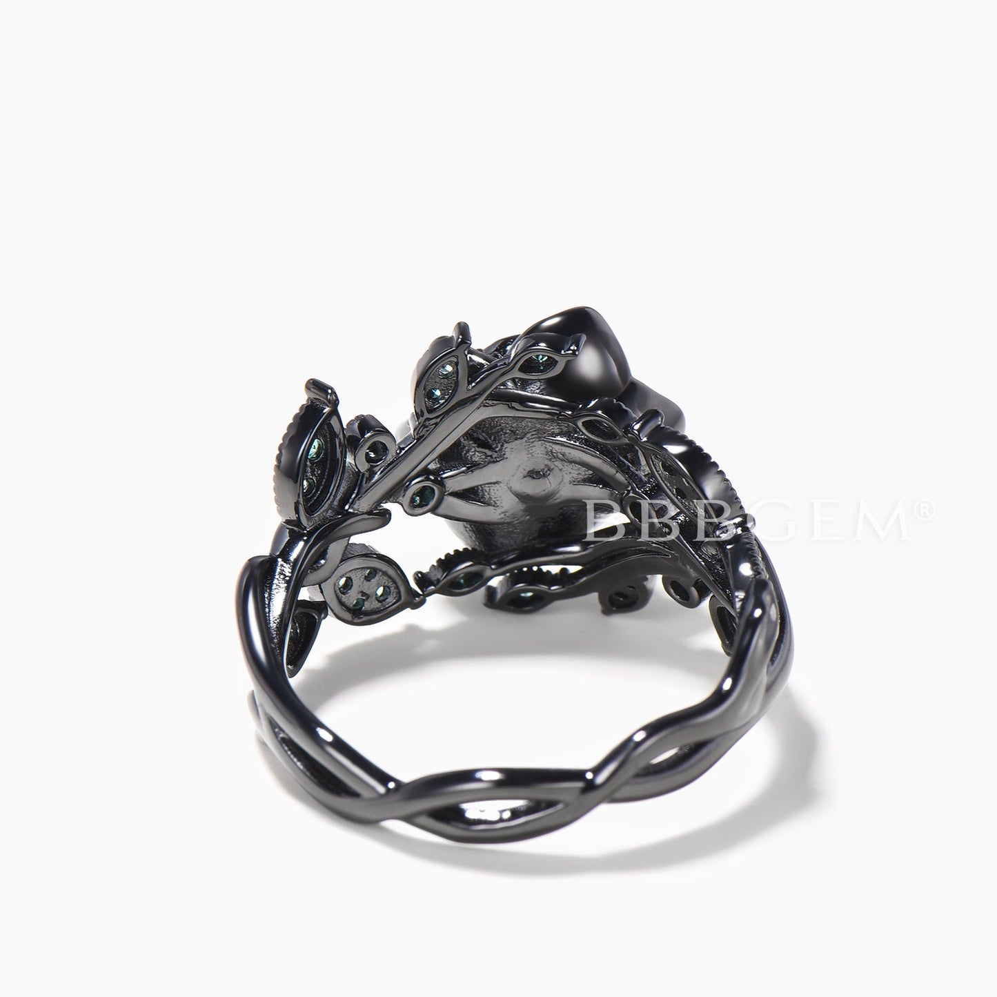 Black Gold Flower Ring Ruby Emerald Nature Inspired Twisted Engagement Ring