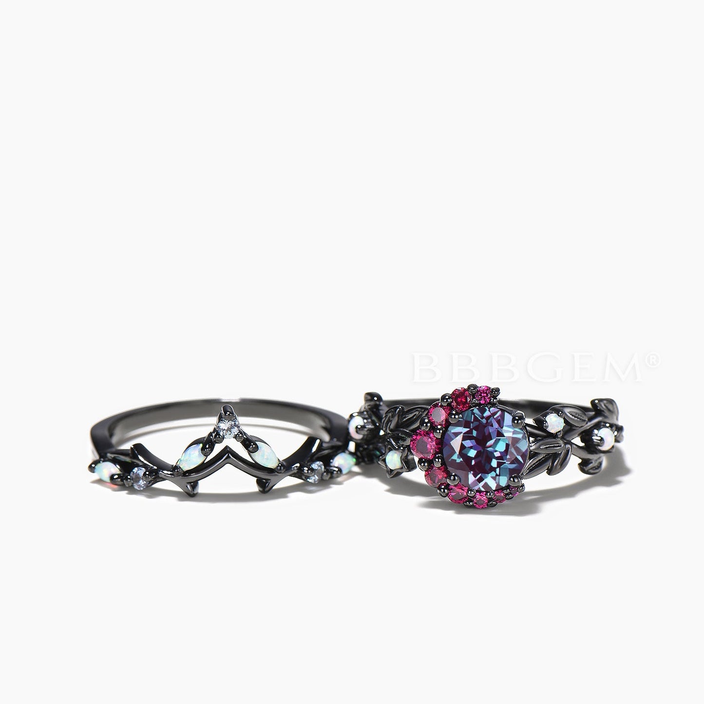 Round Cut Color-change Alexandrite Ruby Moon Ring Opal Celetial Bridal Set