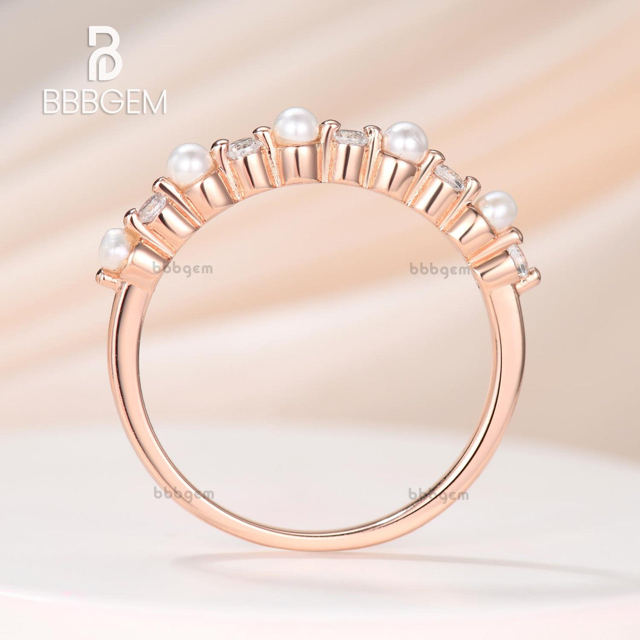 2.5mm Freshwater Pearl & Diamond Ring Wedding Band For Women Duo Five Stone Alternating Stackable Band in 18k Rose Gold