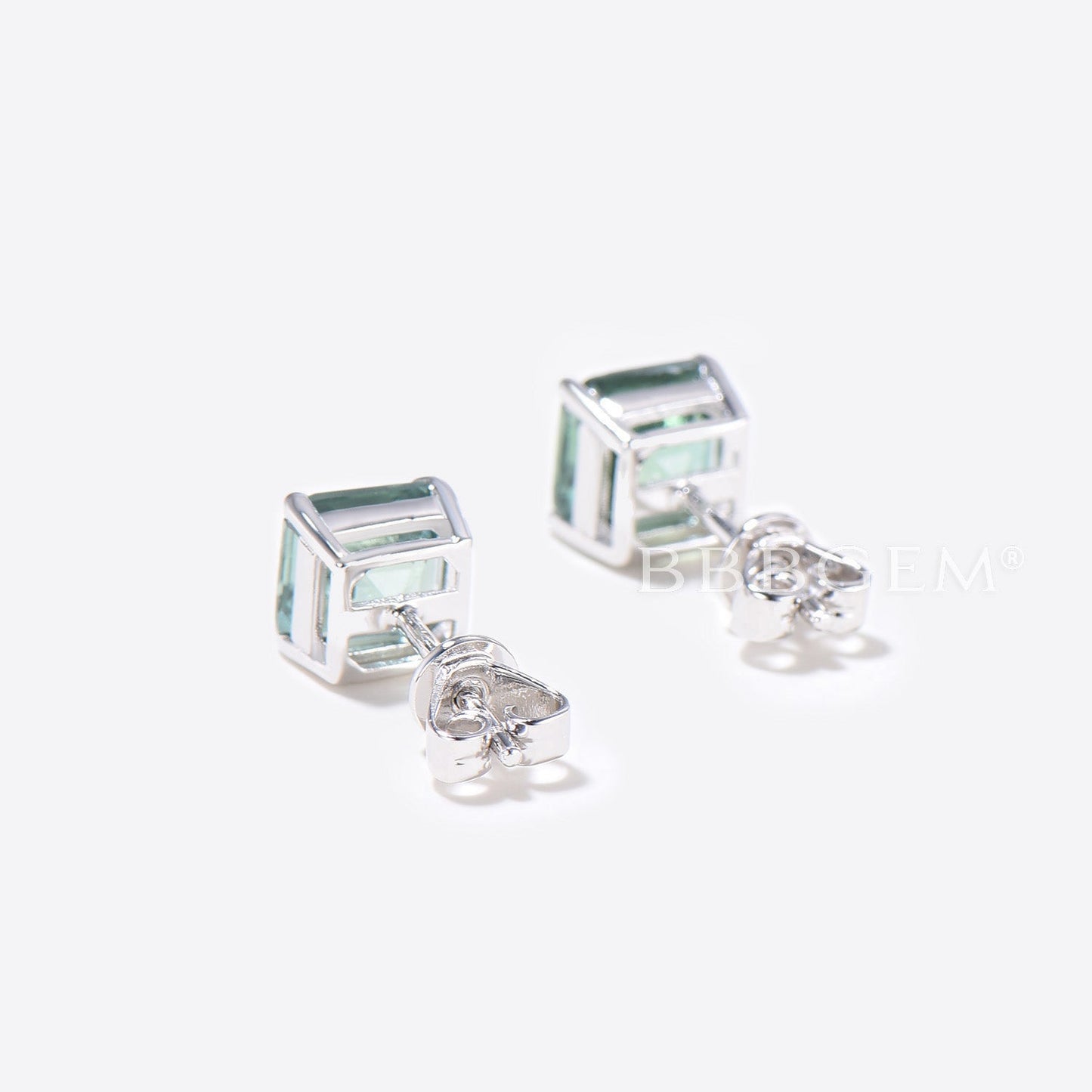 Asscher Cut Green Sapphire studs Earrings Sterling Silver Solitaire Earrings