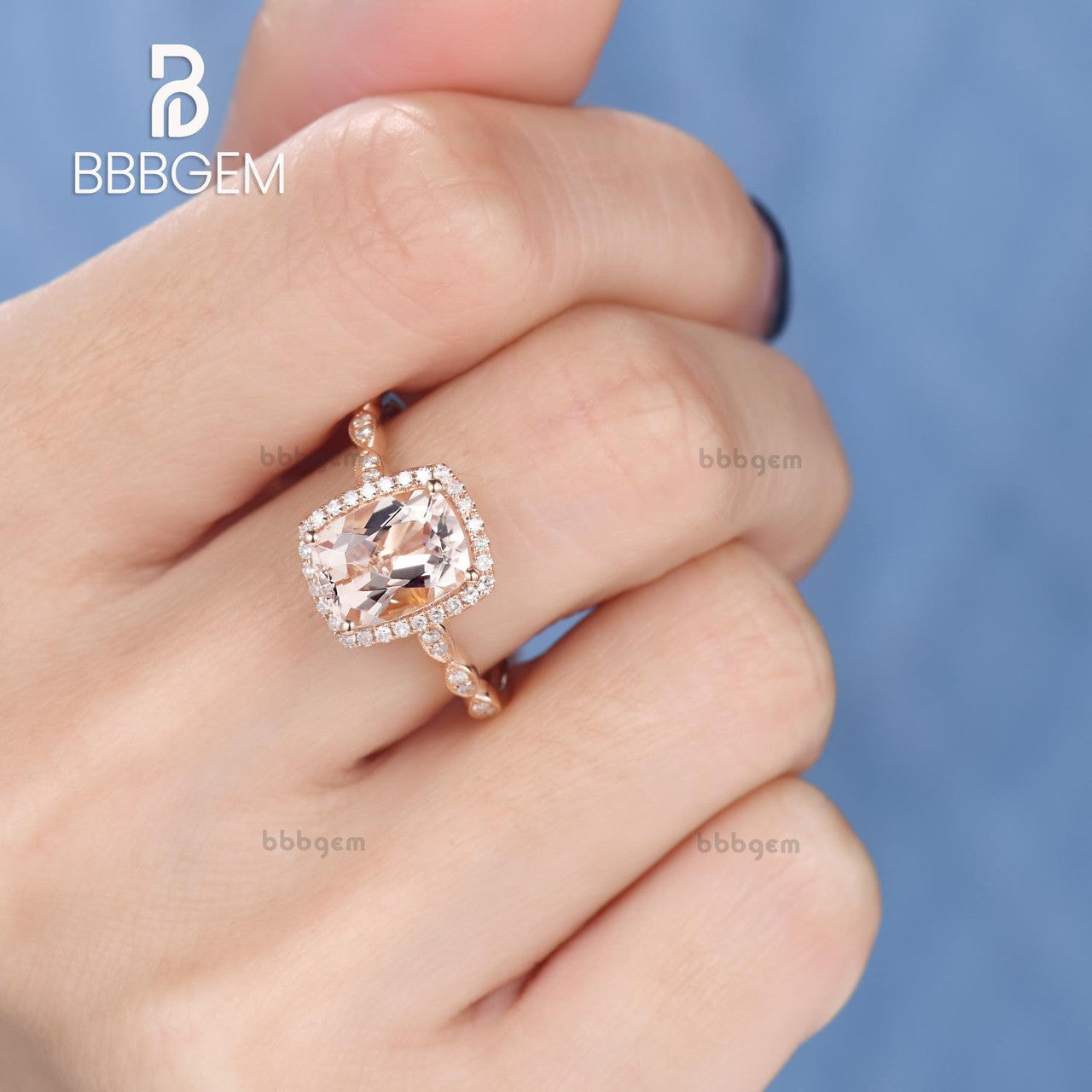 morganite engagement ring cushion-diamond halo peachy pink morganite ring-rose gold morganite engagement rings