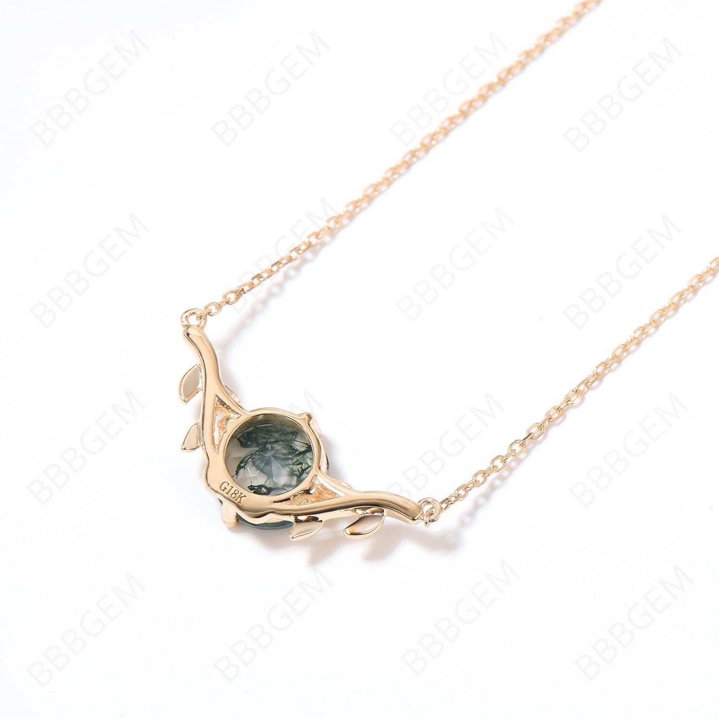Twig 8mm Round Moss Agate Necklace Nature Inspired Branch Leaf Green Moss Pendant Yellow Gold Leaf Vine Moss Agate Jewelry Birthday