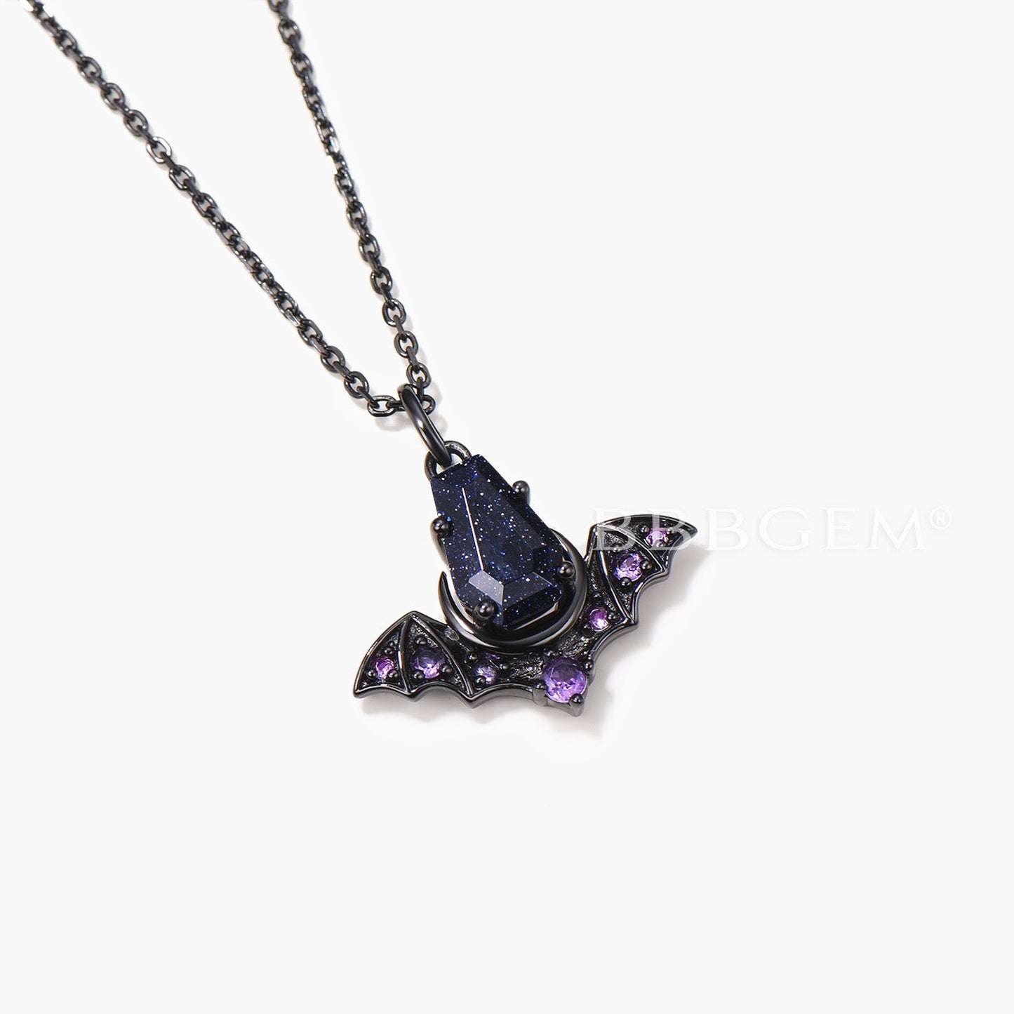 Coffin Cut Blue Sandstone Bat Wedding Necklace Amethyst Gothic Pendant