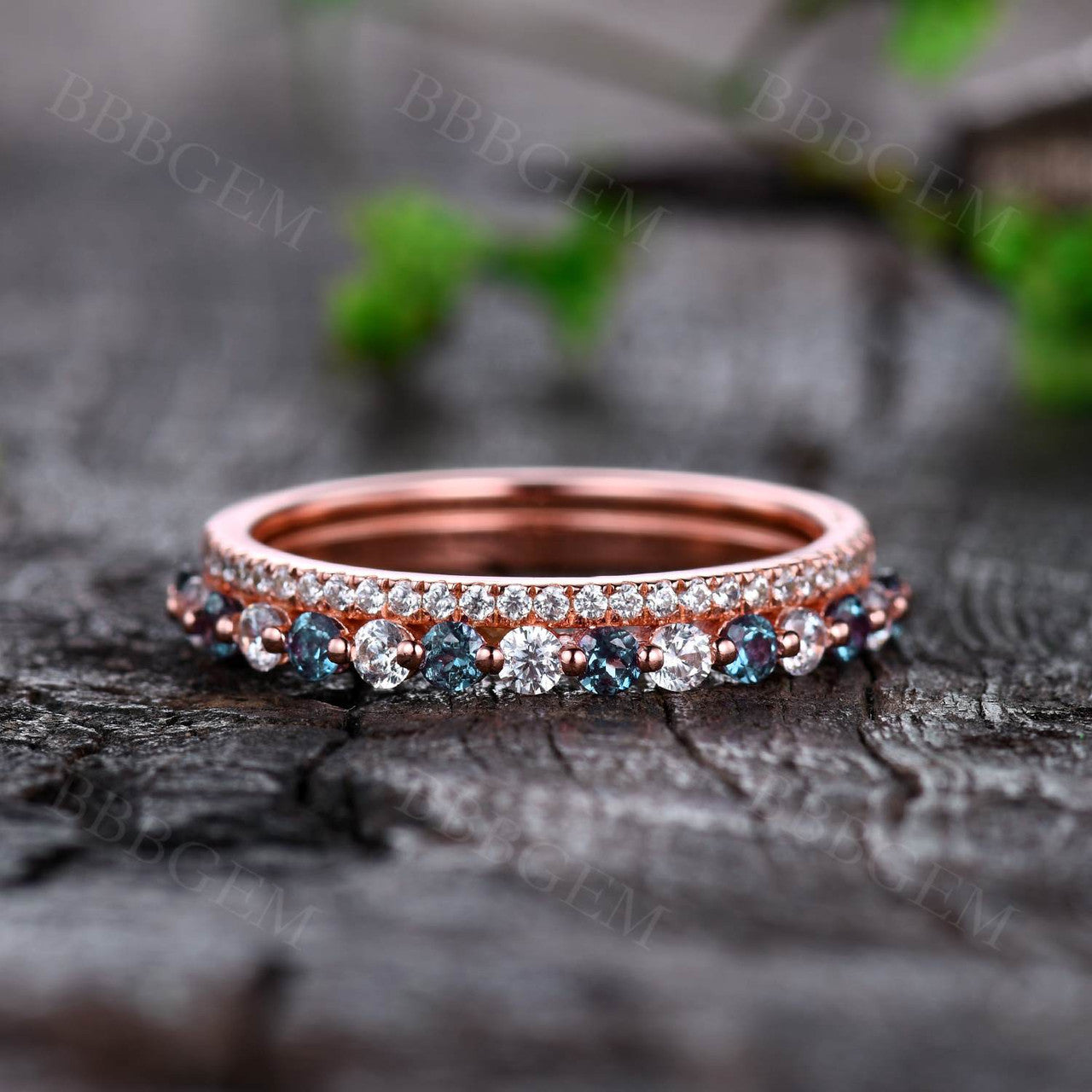 Color Change Alexandrite and Moissanite Bubble Band-Women Double Row Band