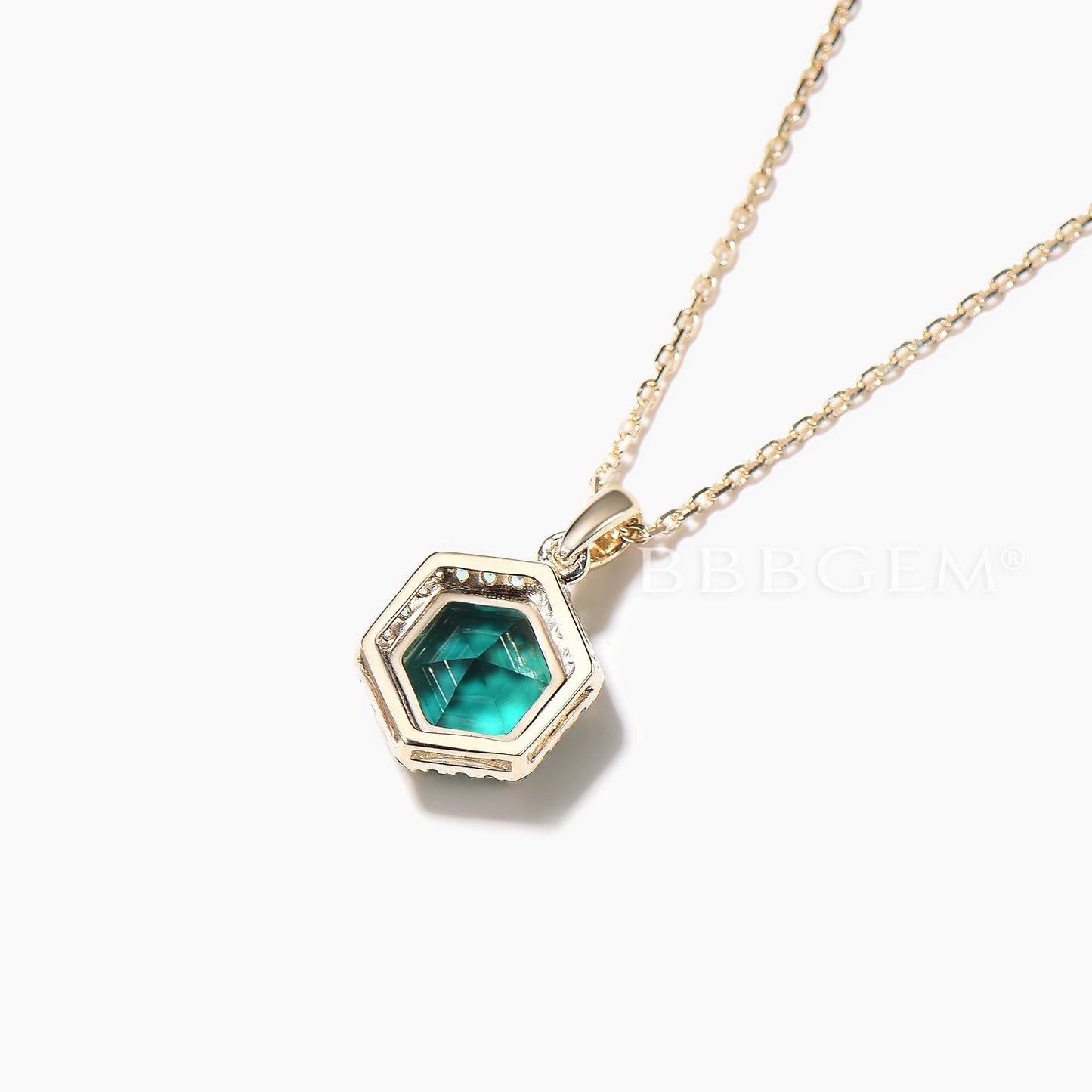 1CT Hexagon Cut Emerald Necklace Yellow Gold Emerald Halo Wedding Pendant