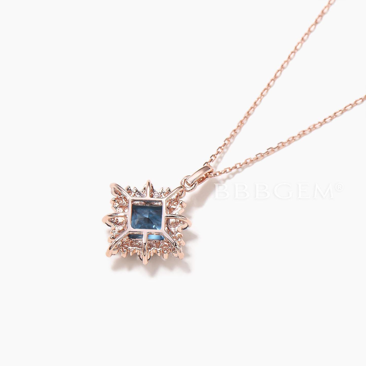 Celestial Moon Princess Cut Natural London Blue Topaz Halo Diamond Necklace
