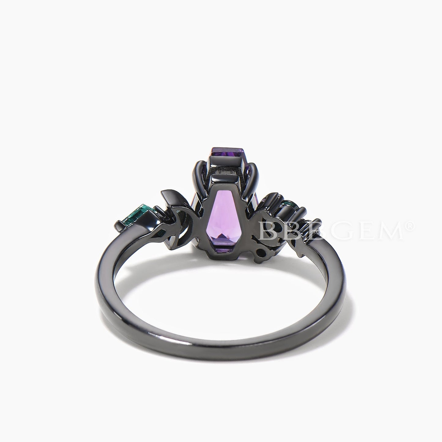 Coffin Natural Amethyst Moon Engagement Ring Emerald Cluster Celestial Ring