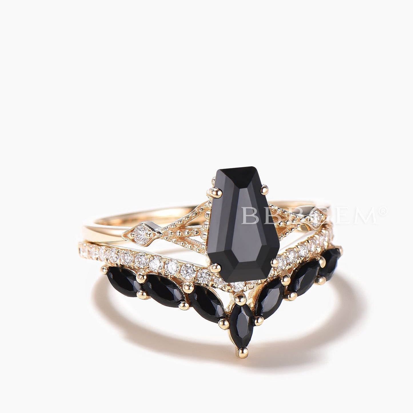 Coffin Shaped Black Onyx Engagement Ring Set Diamond Spinel Ring
