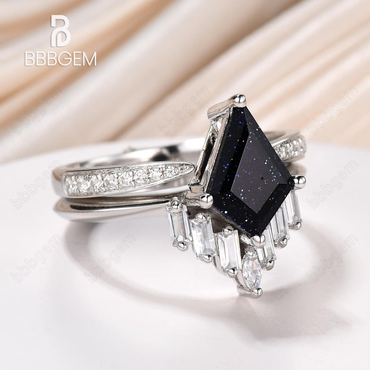 Knife-Edge Kite Blue Sandstone Engagement Ring Vintage Blue Goldstone Horizontal Baguette Moissanite Statement Ring Set Open Gap Pave Diamond Band