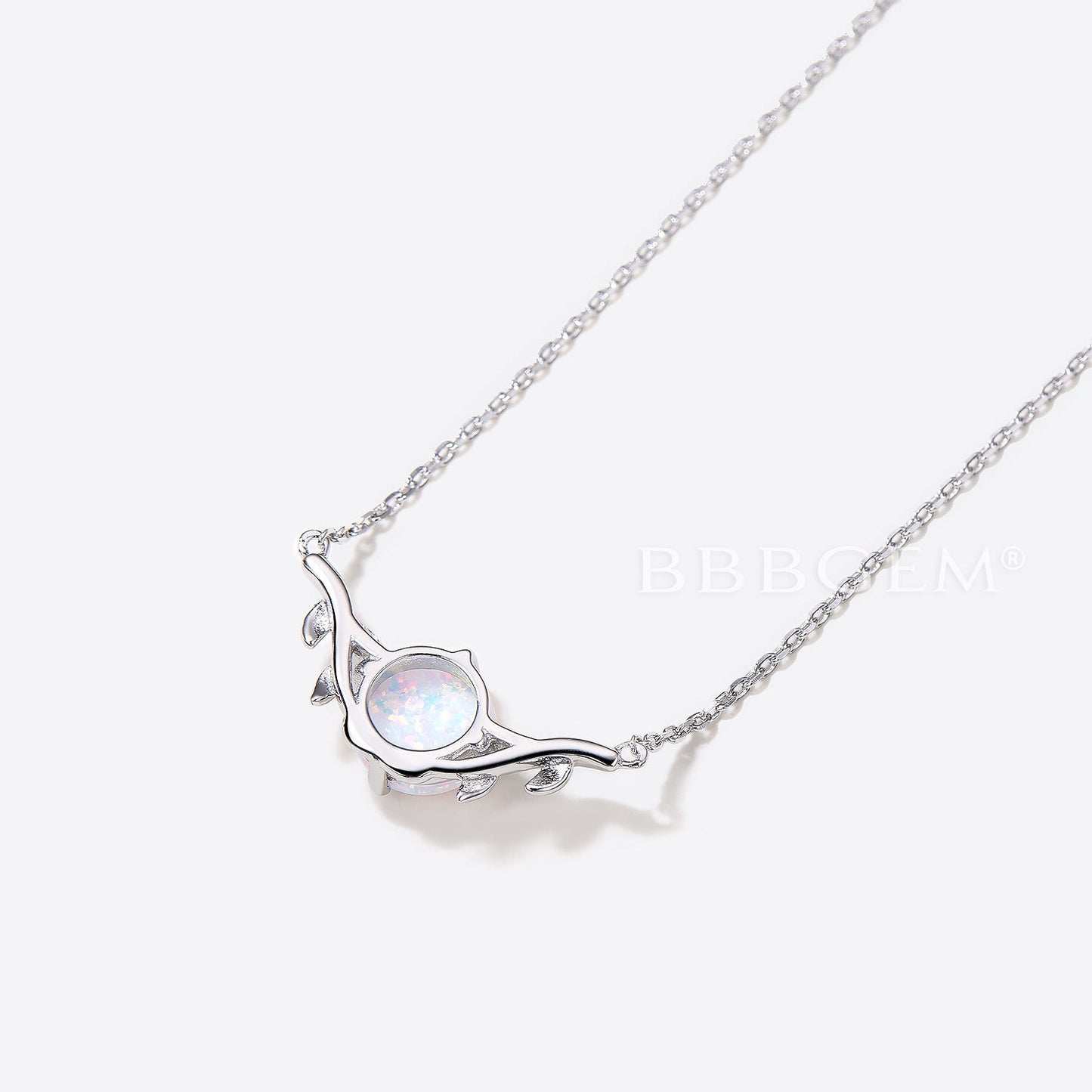 Round Cut White Opal Pendant Leaf Nature Inspired Solitaire Necklace