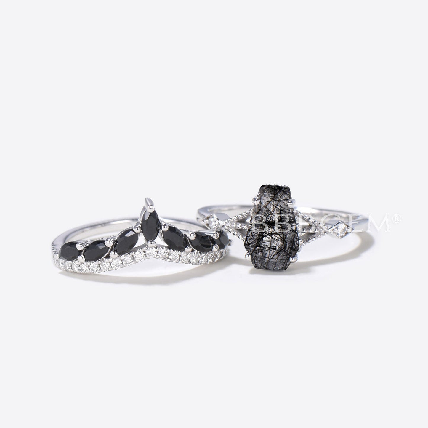 Three Stone Coffin Shaped Promise Ring Set Black Rutilated Quartz Black Spinel Band Rose Gold