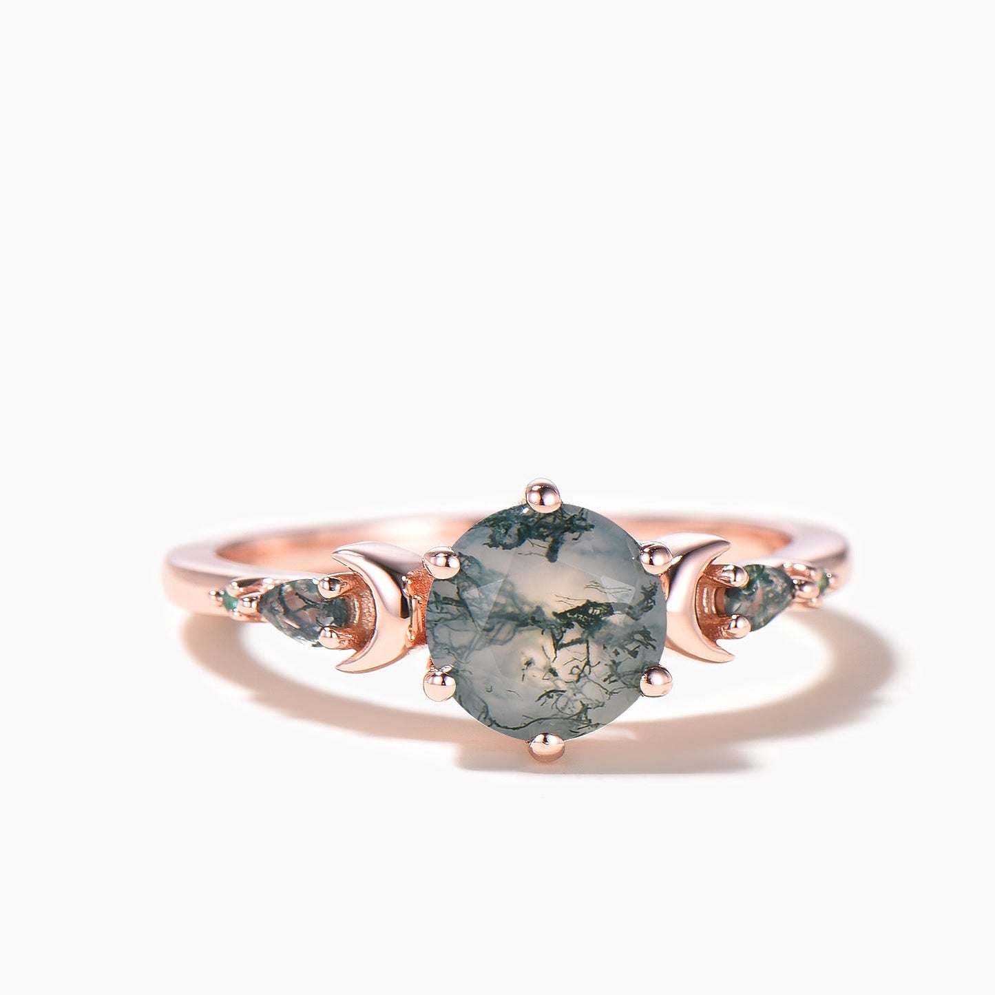 Moss Agate Moon Engagement Ring 14k Gold Aquatic Agate Ring