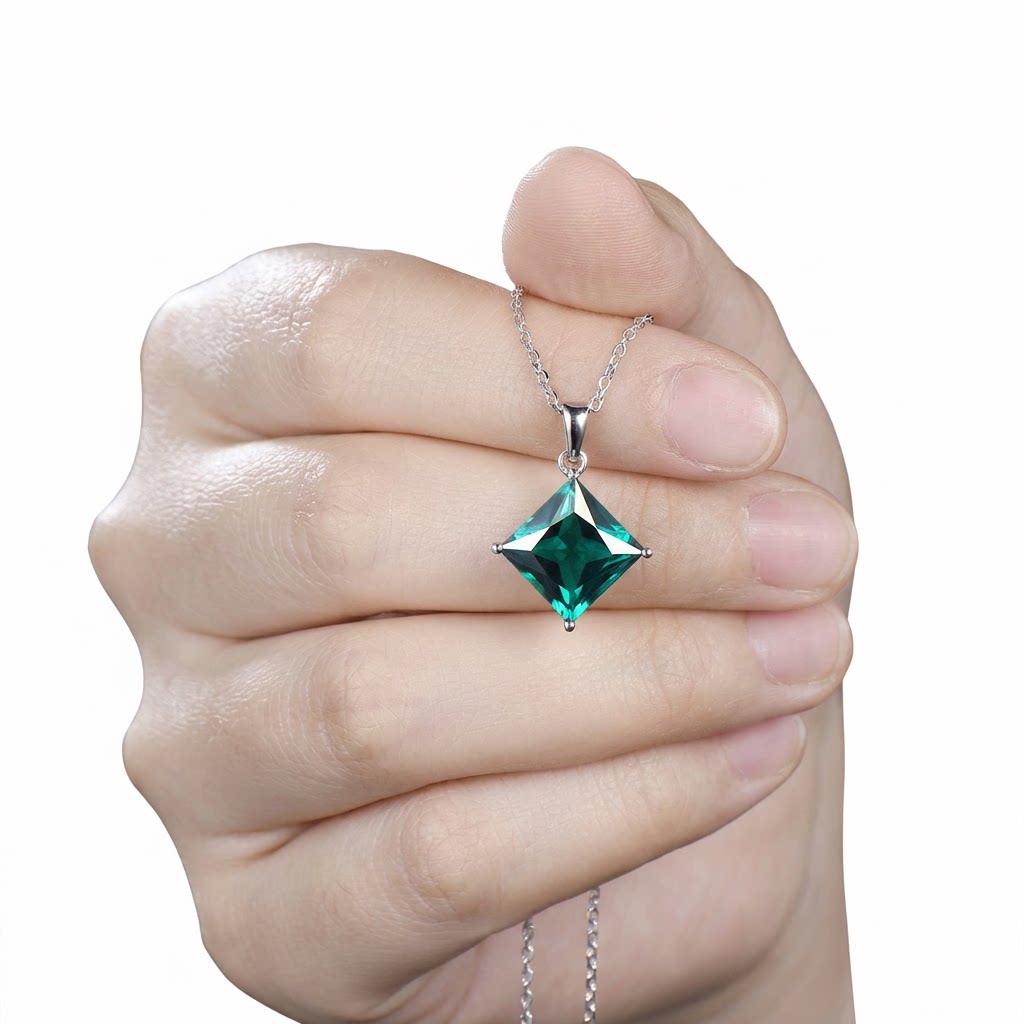 6ct Princess Cut Emerald Necklace | 14K Gold Green Gemstone Pendant | Whisper Vow