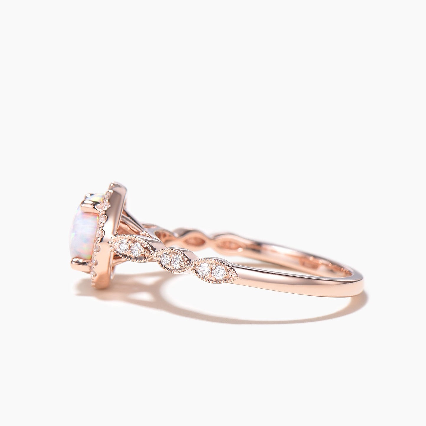 Opal Engagement Ring Halo 14k Rose Gold Moissanite Scalloped Milgrain Wedding Band Anniversary Gift
