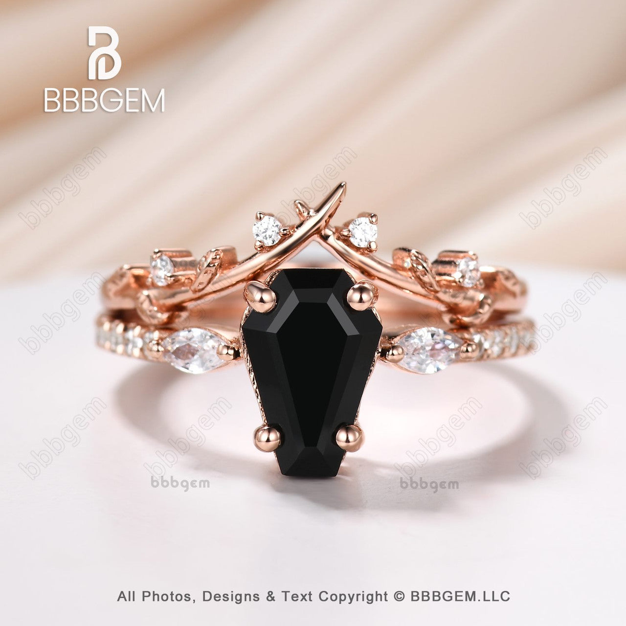 Coffin Shape Black Onyx Engagement Ring Set-Vintage Moissanite Cluster Wedding Ring Art Deco Curved Stacking Band Unique Bridal Promise Set