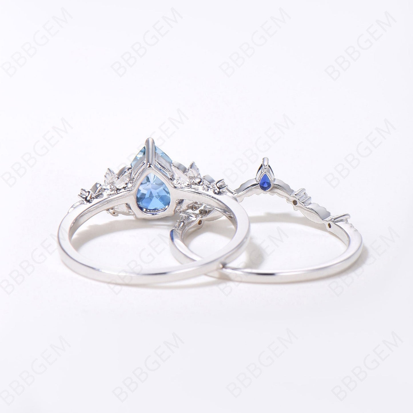 Vintage pear aquamarine engagement ring rose gold leaf flower sapphire ring women unique cluster diamond retro bridal wedding ring set gift