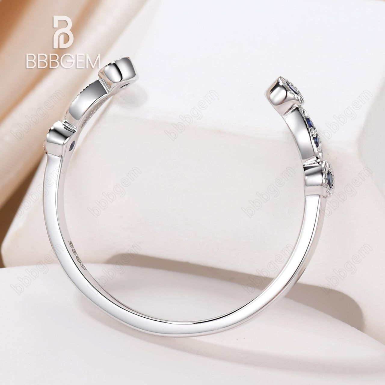 silver sapphire open gap band-marquise and round blue sapphire wedding band-bbbgem open gap ring with natural sapphire