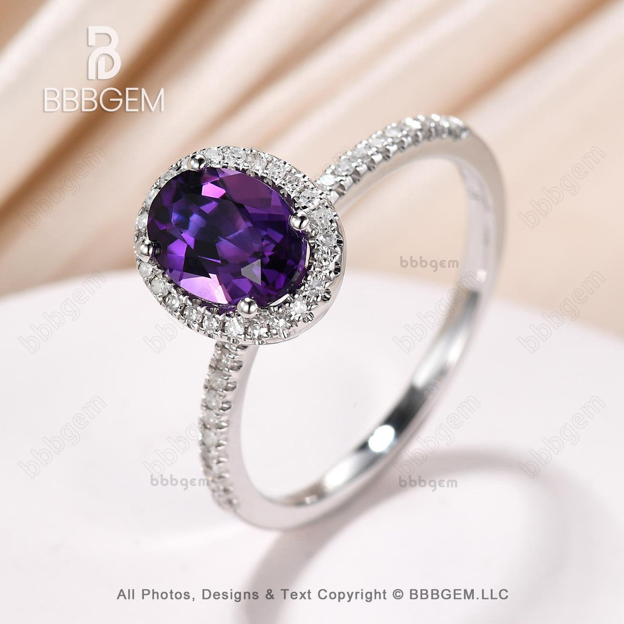 oval halo amethyst wedding ring-14k white gold crystal engagement ring-bbbgem amethyst feb birthstone halo women ring