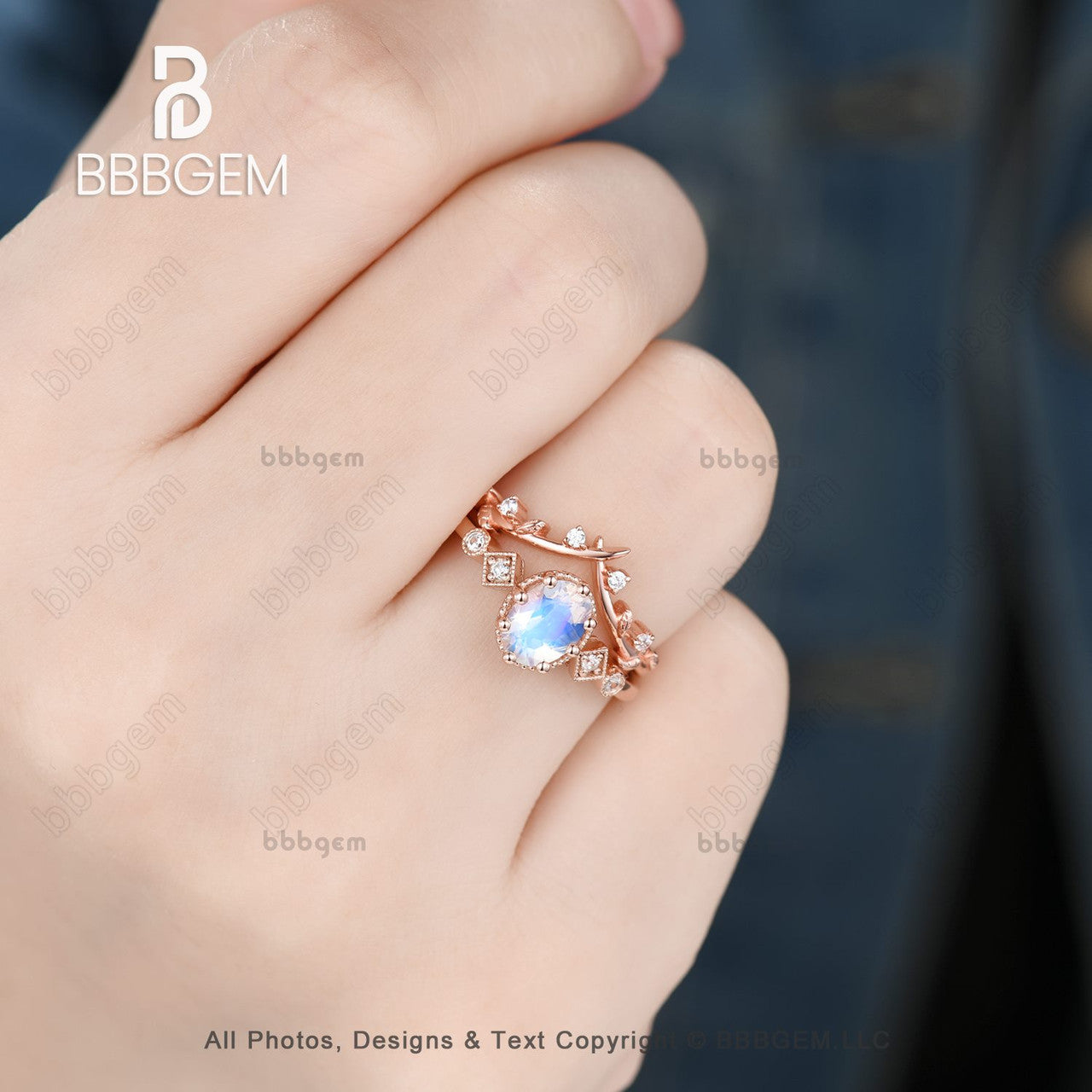 vintage oval moonstone engagement ring set-three stone oval moonstone promise ring rose gold -bbbgem