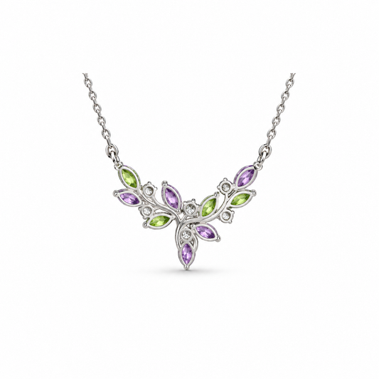 Silver purple and green floral vine necklace, back view