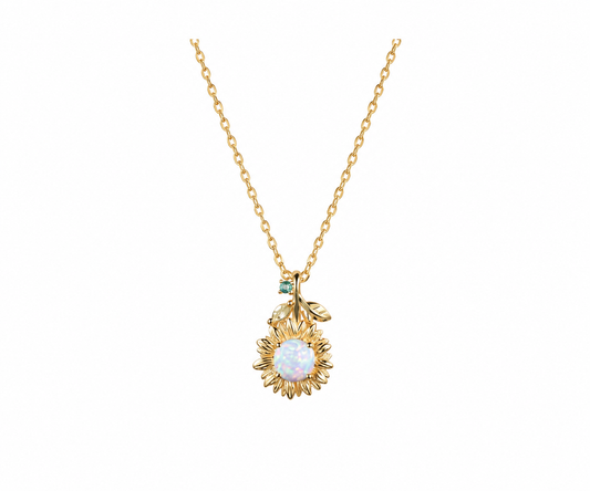 Whispervow Vintage White Opal Sunflower Necklace Round Cut Fire Opal With Emerald Peridot Leaf Floral product view 2 of 4