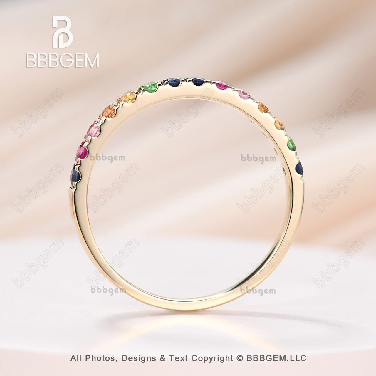 yellow gold rainbow sapphire wedding band-half eternity sapphire everyday ring band-bbbgem