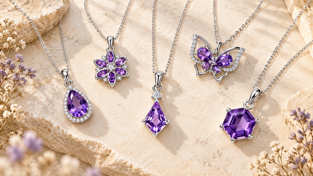 Five sterling silver amethyst necklaces in pear, marquise, kite, oval and hexagon-inspired cuts