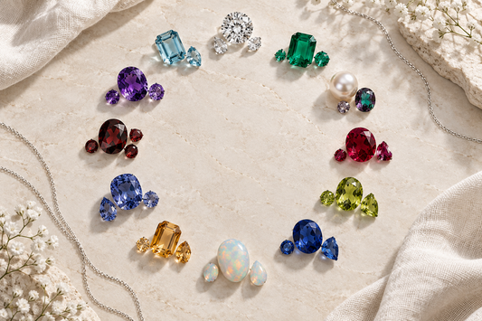 Twelve birthstone color families arranged in a circular fine-jewelry flat lay