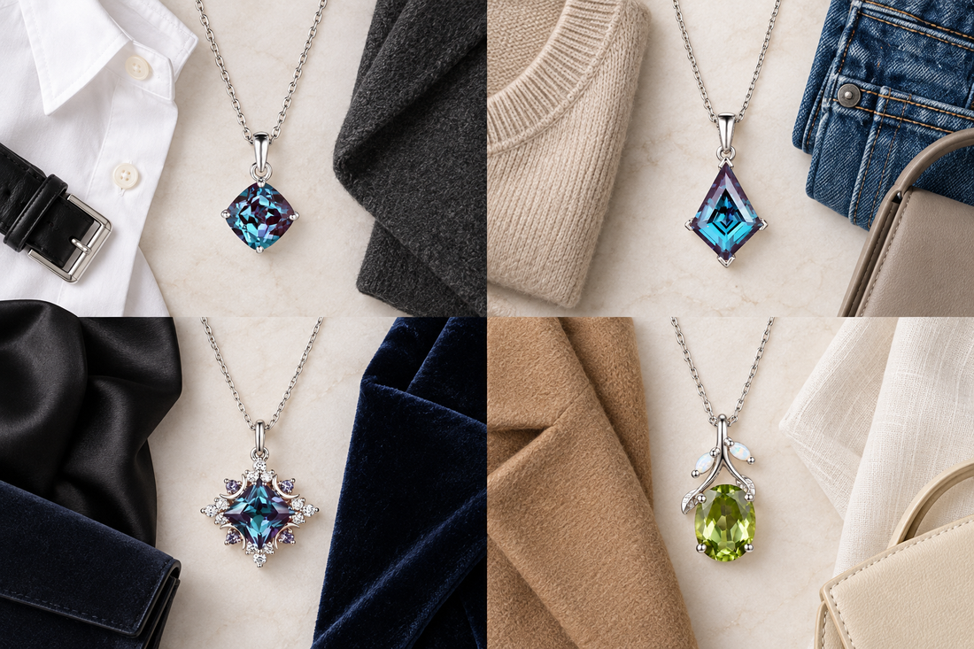 Sterling silver gemstone pendant necklaces styled with classic wardrobe staples