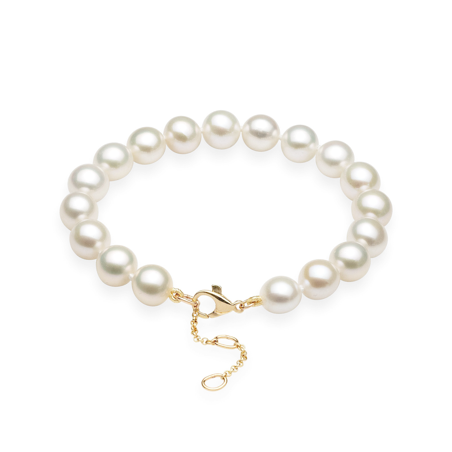 7.5-9" Adjustable White Freshwater Pearl Bracelet in Gold - 9-10mm