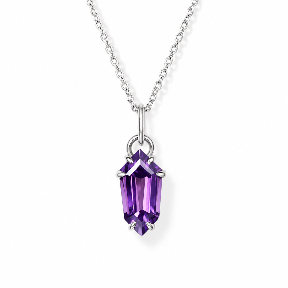 Shield-Cut Amethyst Solitaire Necklace in Sterling Silver — front view