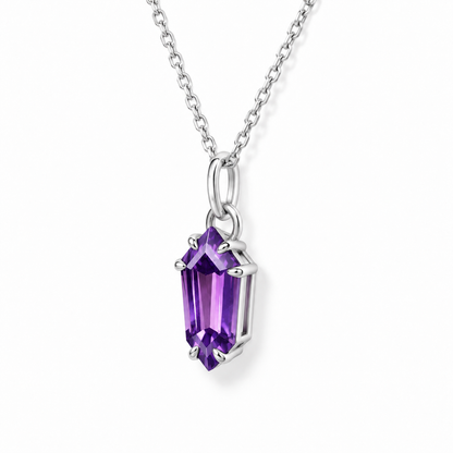 Shield-Cut Amethyst Solitaire Necklace in Sterling Silver — 45-degree side view