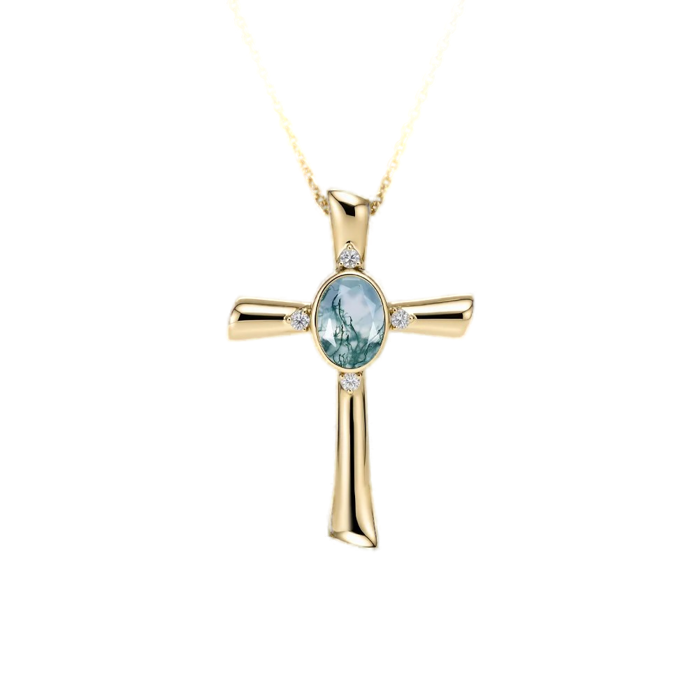 Oval Moss Agate Cross Pendant Necklace