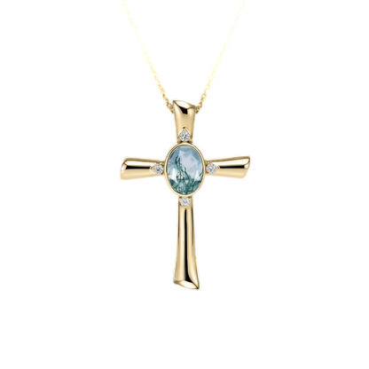 Oval Moss Agate Cross Pendant Necklace