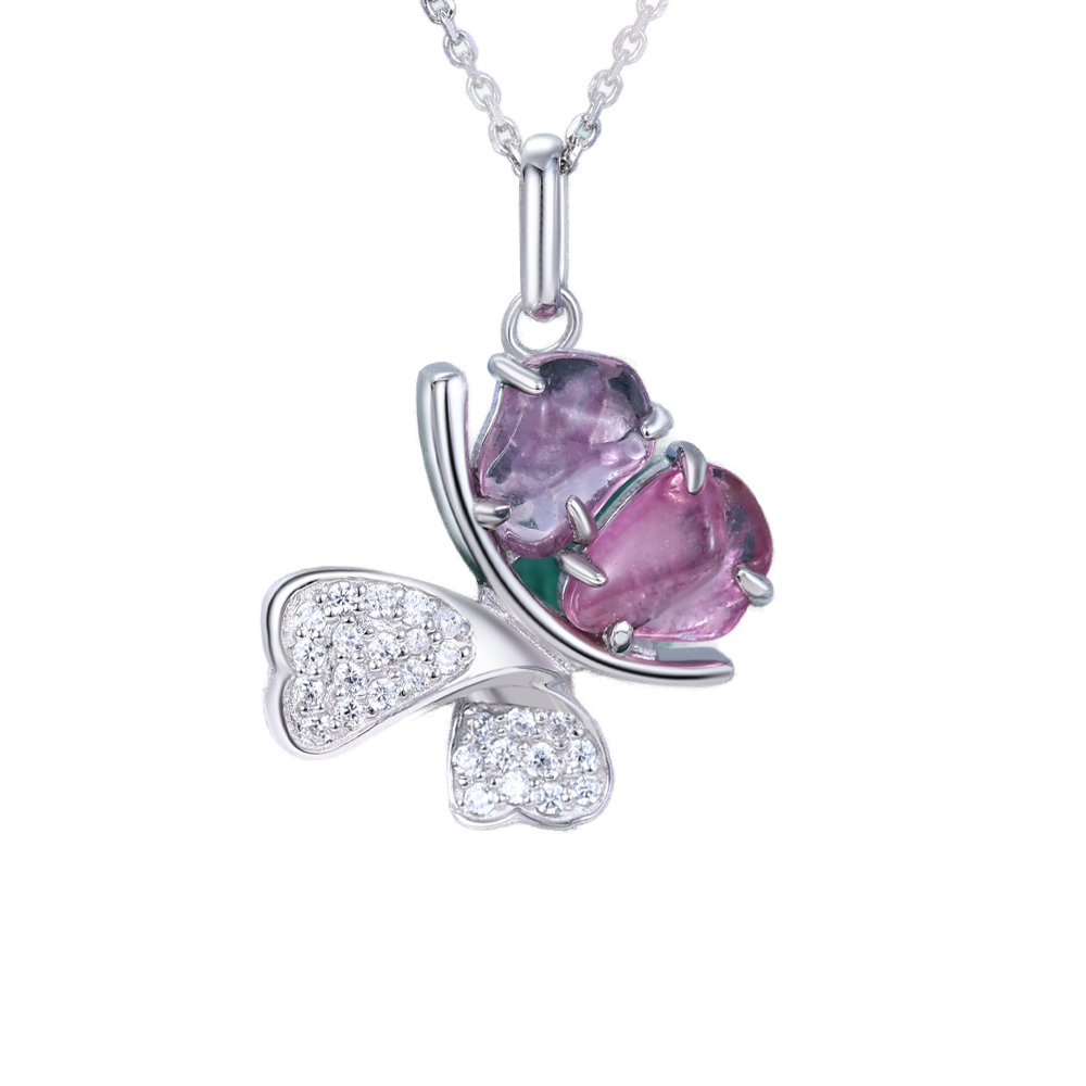 Purple Pink Sapphire Butterfly Pendant Necklace