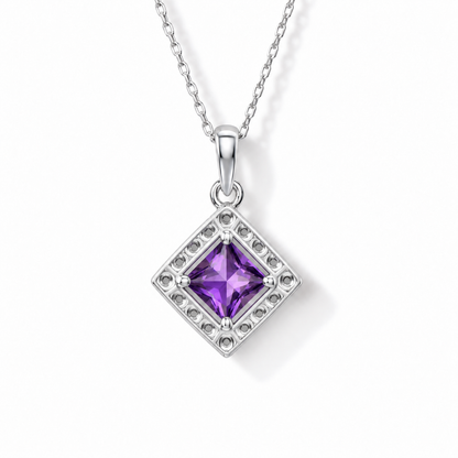 Princess-Cut Amethyst Halo Necklace in Sterling Silver — back construction view
