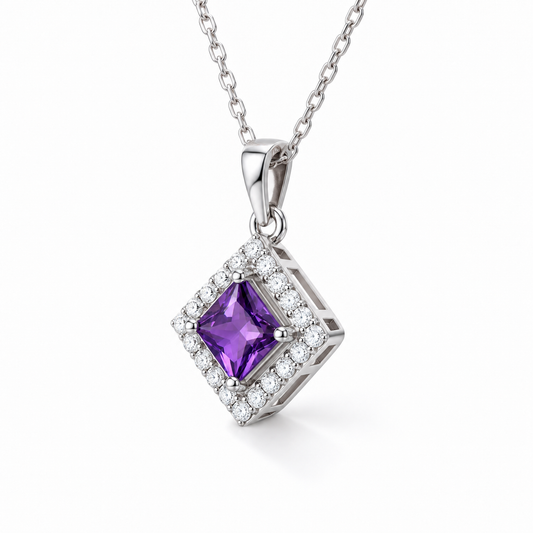 Princess-Cut Amethyst Halo Necklace in Sterling Silver — 45-degree side view