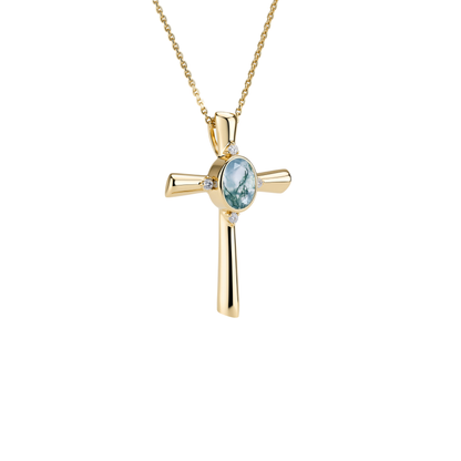 Oval Moss Agate Cross Pendant Necklace